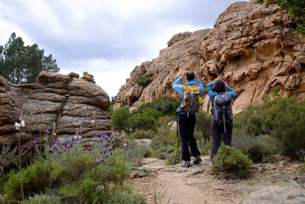 Randonneuses photographiant les sculptures impressionnantes sur un chemin dans les calanques de Piana