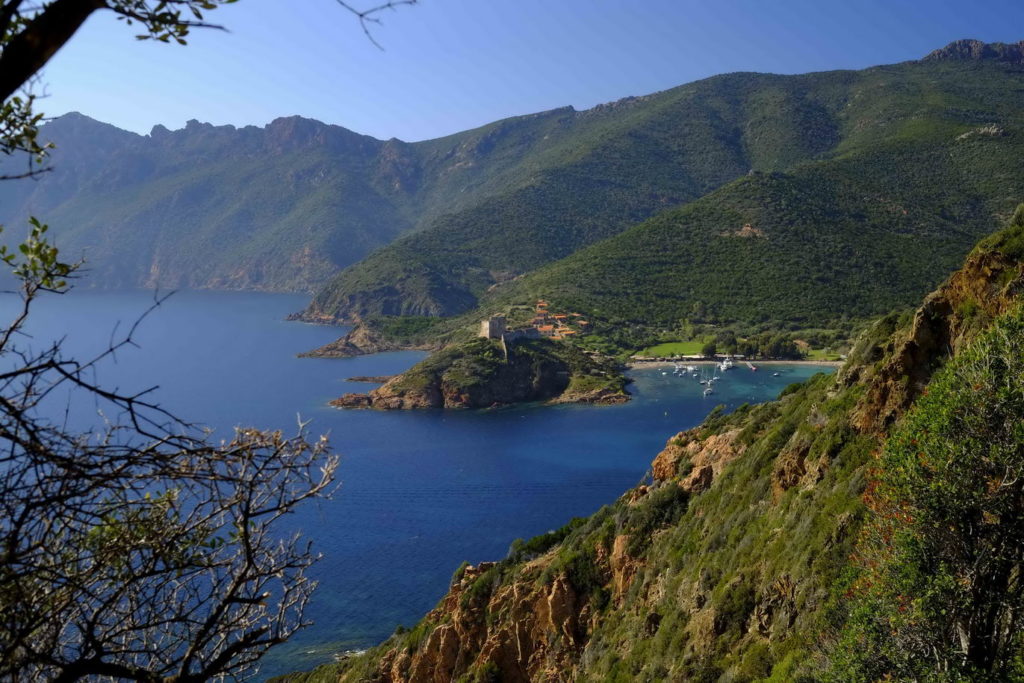 Fortin génois avec sa tour carrée en bord de mer à Girolata réserve naturelle de Scandola